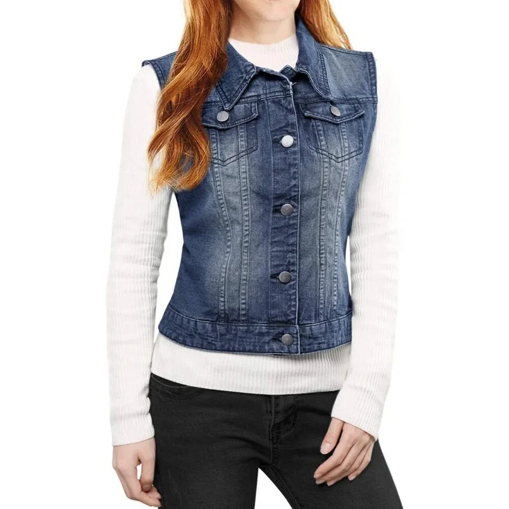 Women's Denim Vest Washed Blue Sleeveless Buttoned Pockets Casual